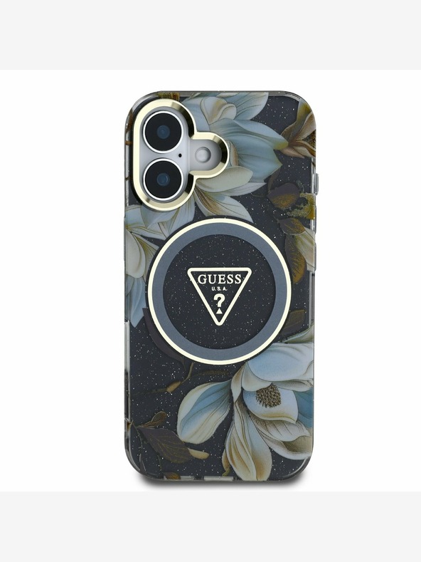 Guess Guess IML Glitter Magnolia in Triangle Logo MagSafe hrbtni ovitek za iPhone 16 Black