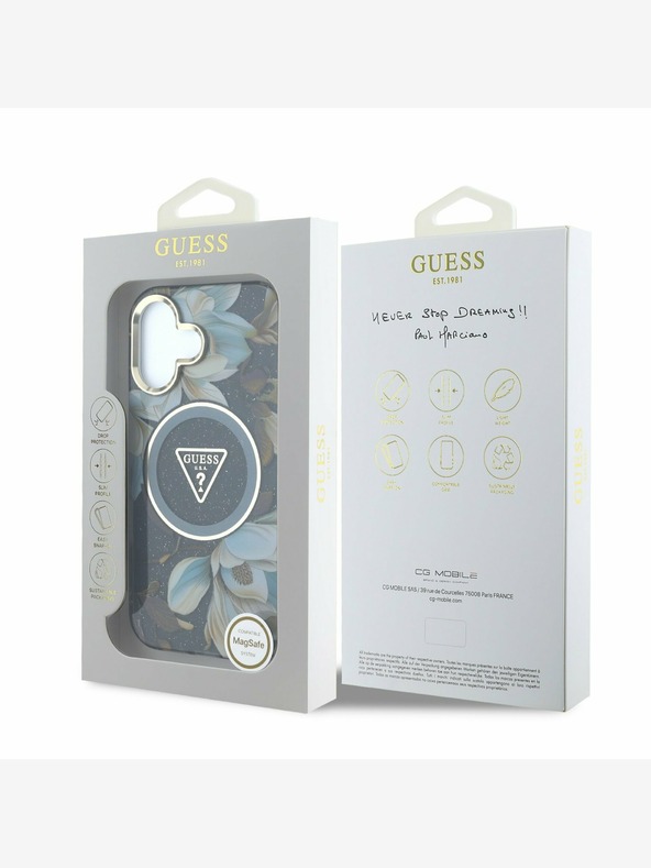 Guess Guess IML Glitter Magnolia in Triangle Logo MagSafe hrbtni ovitek za iPhone 16 Black