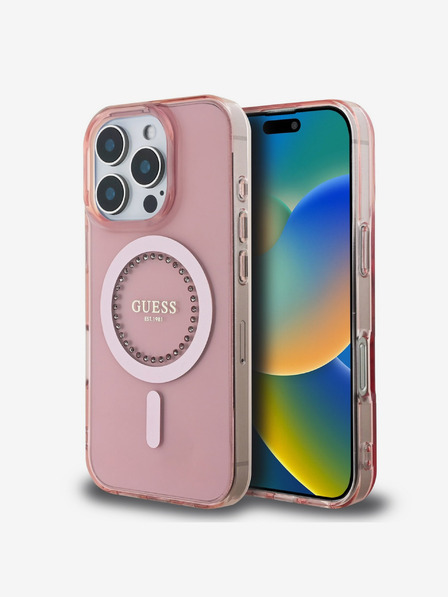 Guess Guess IML Prstan s kamenčki MagSafe hrbtni ovitek za iPhone 16 Pro roza