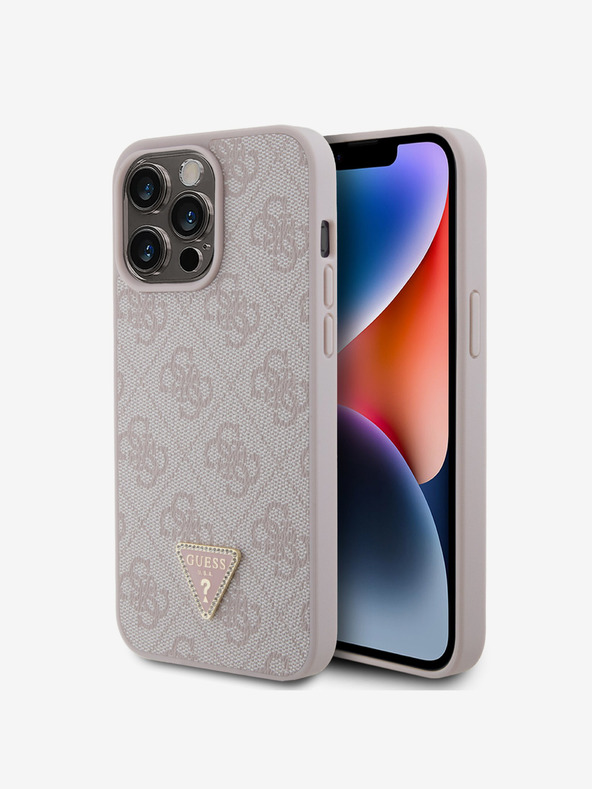 Guess PU 4G Strass Triangle Metal Logo Zadní Kryt pro iPhone 15 Pro Max Pink Ovitek za telefon