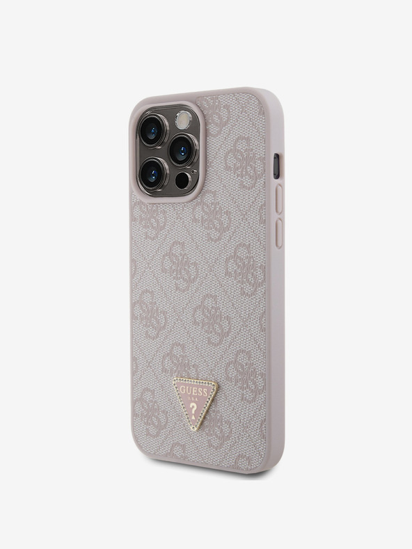 Guess PU 4G Strass Triangle Metal Logo Zadní Kryt pro iPhone 15 Pro Max Pink Ovitek za telefon