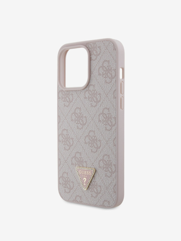 Guess PU 4G Strass Triangle Metal Logo Zadní Kryt pro iPhone 15 Pro Max Pink Ovitek za telefon