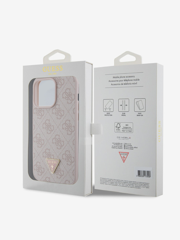 Guess PU 4G Strass Triangle Metal Logo Zadní Kryt pro iPhone 15 Pro Max Pink Ovitek za telefon