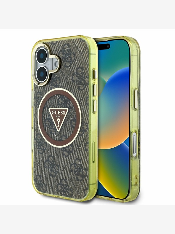 Guess Guess IML 4G Glitter in Triangle Logo MagSafe hrbtni ovitek za iPhone 16 Brown