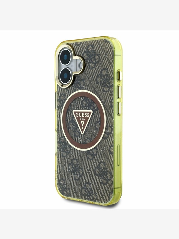 Guess Guess IML 4G Glitter in Triangle Logo MagSafe hrbtni ovitek za iPhone 16 Brown