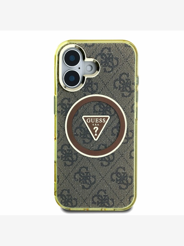 Guess Guess IML 4G Glitter in Triangle Logo MagSafe hrbtni ovitek za iPhone 16 Brown
