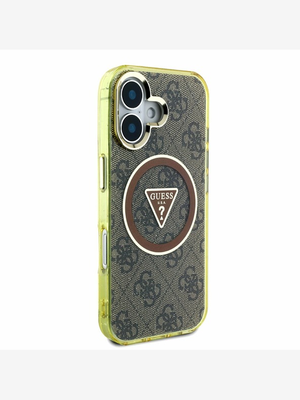Guess Guess IML 4G Glitter in Triangle Logo MagSafe hrbtni ovitek za iPhone 16 Brown