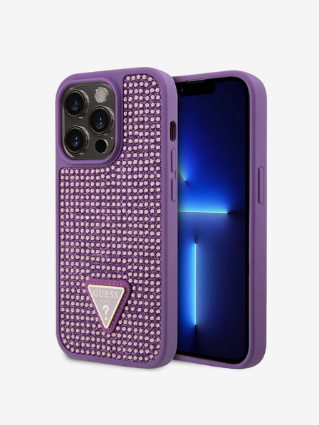 Guess Guess kovinski ovitek s trikotnim logotipom s kamenčki za iPhone 15 Pro vijolične barve