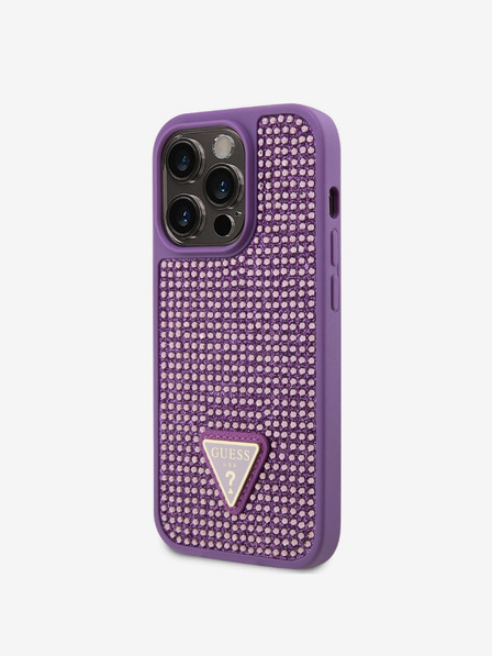 Guess Guess kovinski ovitek s trikotnim logotipom s kamenčki za iPhone 15 Pro vijolične barve
