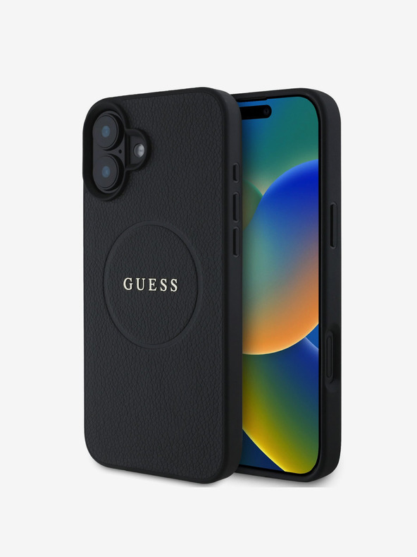 Guess Guess PU Grained Classic Logo MagSafe hrbtni ovitek za iPhone 16 Plus črn