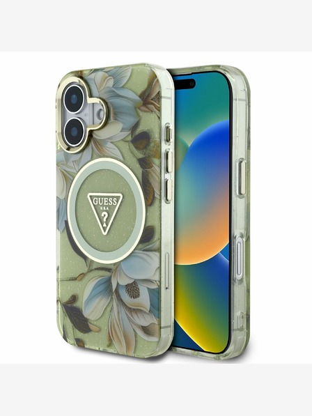 Guess Guess IML bleščeča magnolija in trikotni logotip MagSafe hrbtni ovitek za iPhone 16 Green