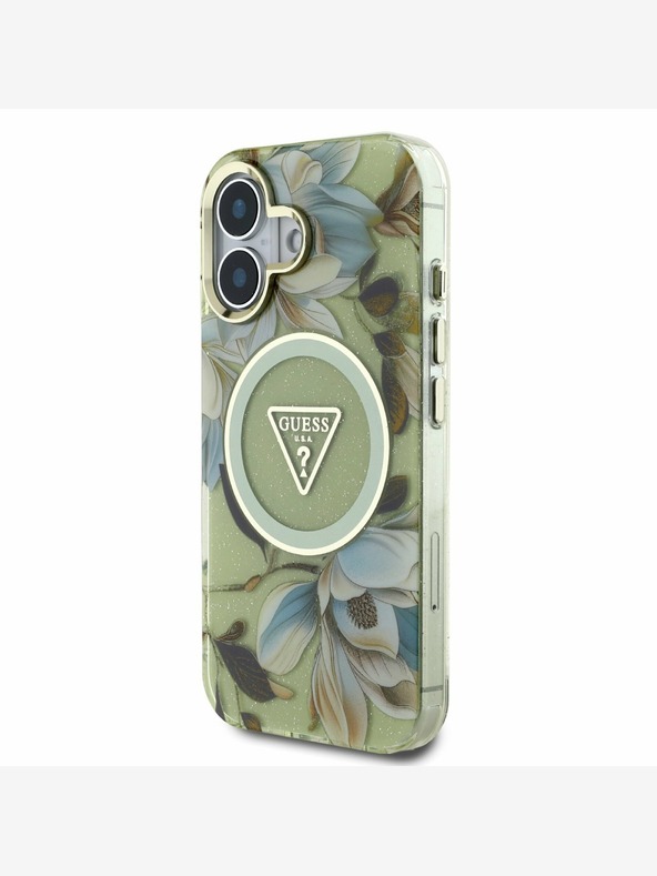 Guess Guess IML bleščeča magnolija in trikotni logotip MagSafe hrbtni ovitek za iPhone 16 Green