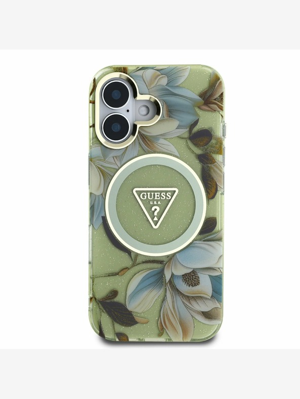 Guess Guess IML bleščeča magnolija in trikotni logotip MagSafe hrbtni ovitek za iPhone 16 Green