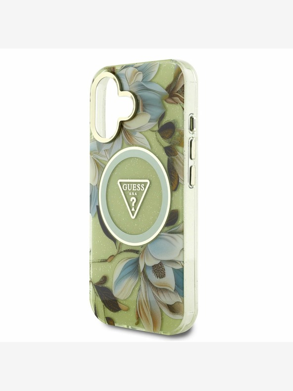 Guess Guess IML bleščeča magnolija in trikotni logotip MagSafe hrbtni ovitek za iPhone 16 Green