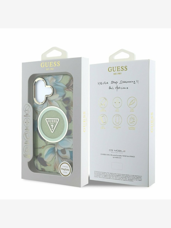 Guess Guess IML bleščeča magnolija in trikotni logotip MagSafe hrbtni ovitek za iPhone 16 Green