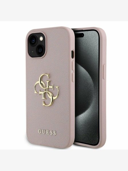Guess Guess PU zrnat 4G kovinski logotip hrbtni ovitek za iPhone 15 roza