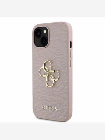 Guess Guess PU zrnat 4G kovinski logotip hrbtni ovitek za iPhone 15 roza