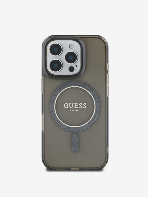 Guess Guess IML Glitter Ring MagSafe hrbtni ovitek za iPhone 16 Pro Max črn