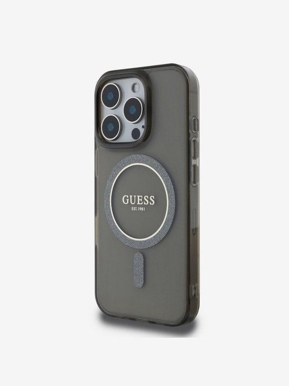 Guess Guess IML Glitter Ring MagSafe hrbtni ovitek za iPhone 16 Pro Max črn