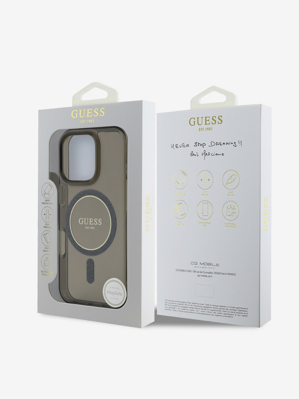 Guess Guess IML Glitter Ring MagSafe hrbtni ovitek za iPhone 16 Pro Max črn