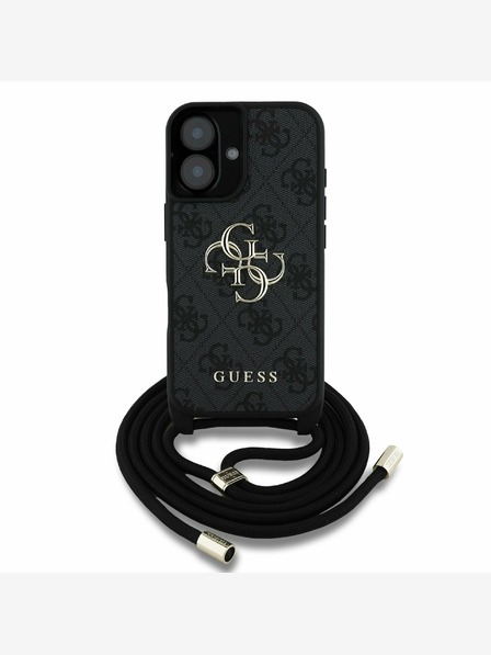 Guess Guess PU 4G Kovinski logotip Crossbody Strap hrbtni ovitek za iPhone 16 Black