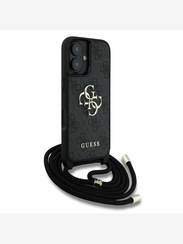 Guess Guess PU 4G Kovinski logotip Crossbody Strap hrbtni ovitek za iPhone 16 Black