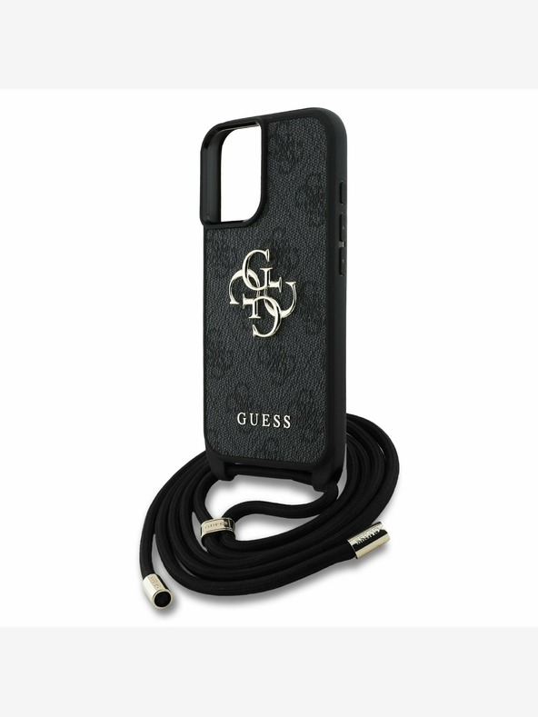 Guess Guess PU 4G Kovinski logotip Crossbody Strap hrbtni ovitek za iPhone 16 Black