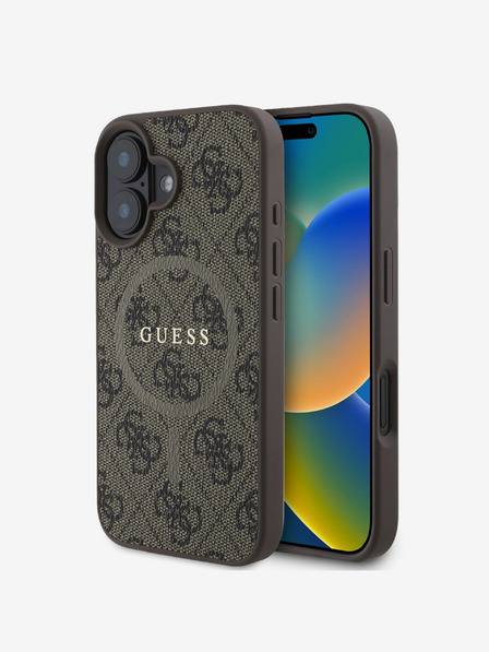 Guess Guess PU usnje 4G barvni obroč MagSafe hrbtni ovitek za iPhone 16 Plus rjava