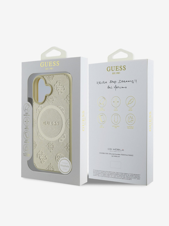 Guess Guess Saffiano Peony Stamp MagSafe hrbtni ovitek za iPhone 16 zlati