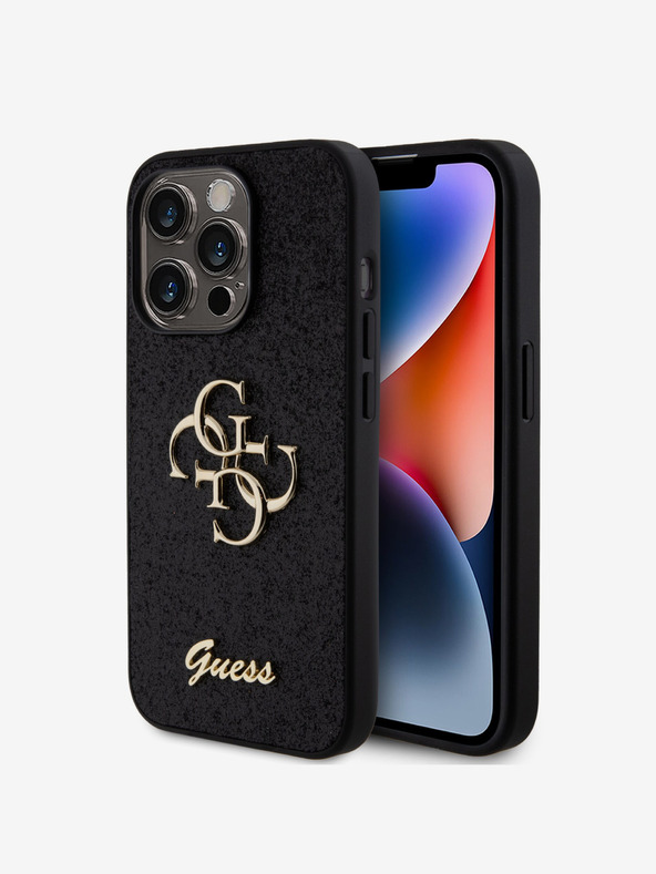 Guess Guess PU fiksni kovinski zadnji ovitek 4G s kovinskim logotipom za iPhone 15 Pro črn