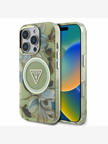 Guess Guess IML Glitter Magnolia in Triangle Logo MagSafe hrbtni ovitek za iPhone 16 Pro Max Green
