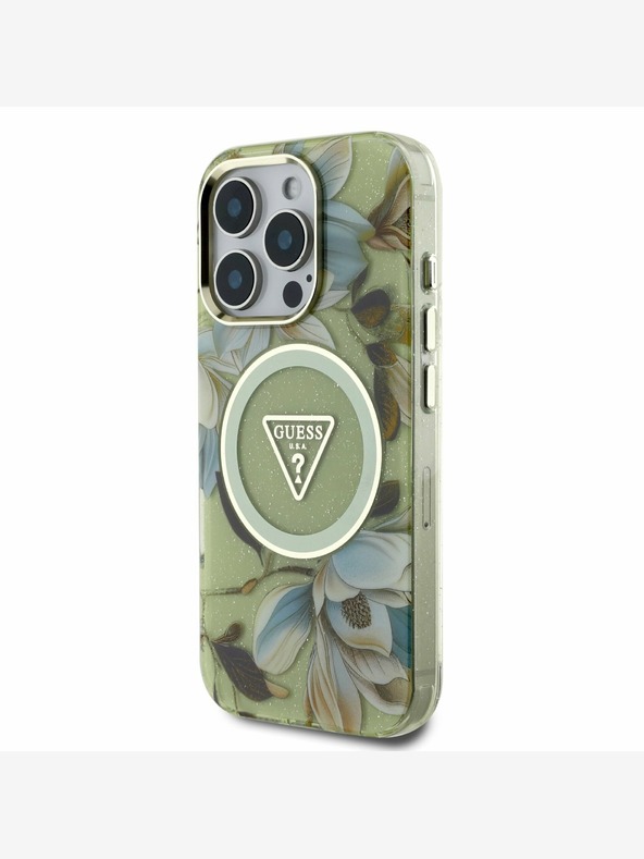 Guess Guess IML Glitter Magnolia in Triangle Logo MagSafe hrbtni ovitek za iPhone 16 Pro Max Green