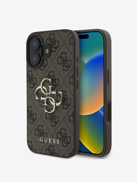 Guess Guess PU 4G kovinski logotip hrbtni ovitek za iPhone 16 rjave barve