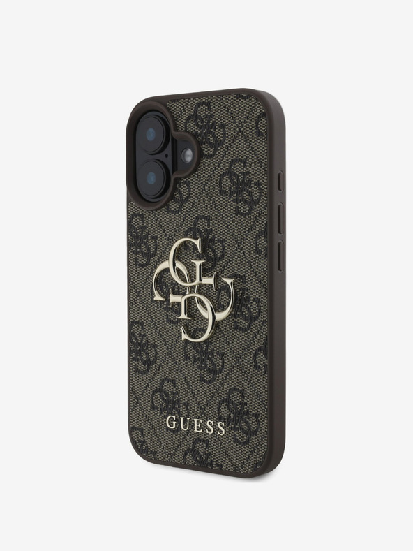 Guess Guess PU 4G kovinski logotip hrbtni ovitek za iPhone 16 rjave barve
