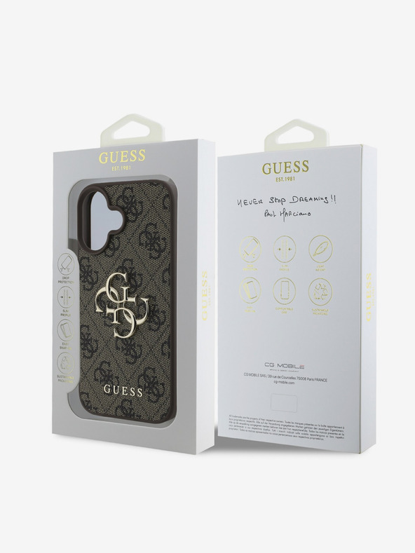 Guess Guess PU 4G kovinski logotip hrbtni ovitek za iPhone 16 rjave barve