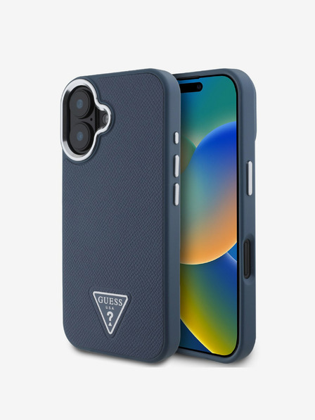 Guess Guess PU zrnat trikotni zadnji ovitek z logotipom za iPhone 16 modri
