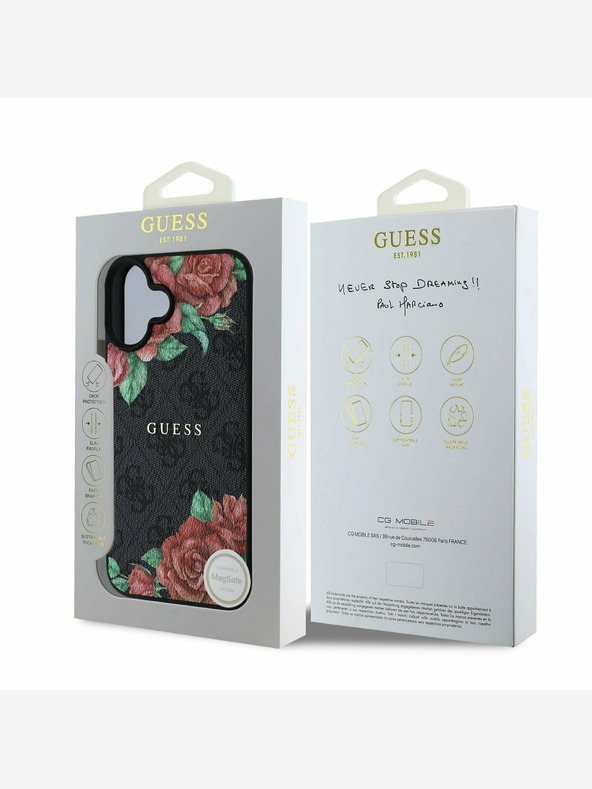 Guess Guess PU usnje 4G Roses MagSafe hrbtni ovitek za iPhone 16 Black