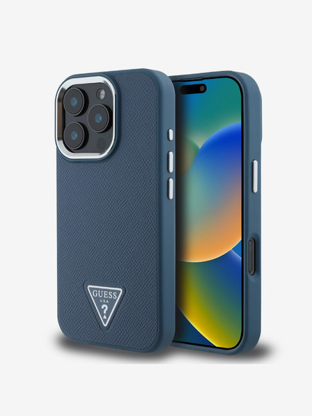 Guess Guess PU Grained Triangle Logo hrbtni ovitek za iPhone 16 Pro Max Blue