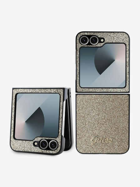 Guess Guess PC/TPU kovinski logotip z bleščečimi kosmiči za Samsung Galaxy Z Flip 6 Gold
