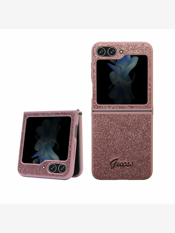 Guess PC/TPU Glitter Flakes Metal Logo Zadní Kryt pro Samsung Galaxy Z Flip 5 Pink Ovitek za telefon