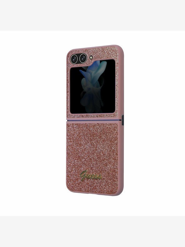 Guess PC/TPU Glitter Flakes Metal Logo Zadní Kryt pro Samsung Galaxy Z Flip 5 Pink Ovitek za telefon