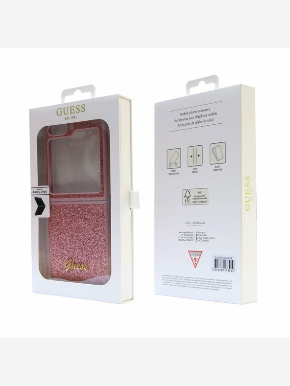 Guess PC/TPU Glitter Flakes Metal Logo Zadní Kryt pro Samsung Galaxy Z Flip 5 Pink Ovitek za telefon