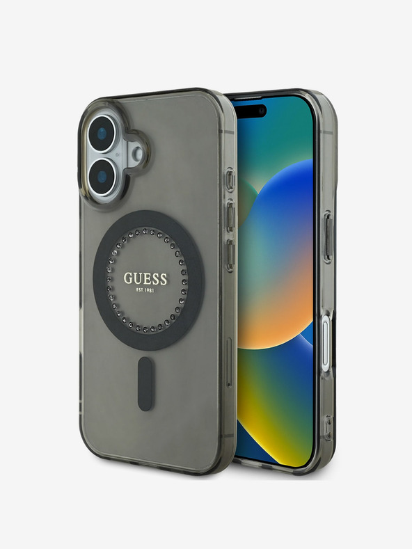 Guess Guess IML Prstan s kamenčki MagSafe hrbtni ovitek za iPhone 16 črn