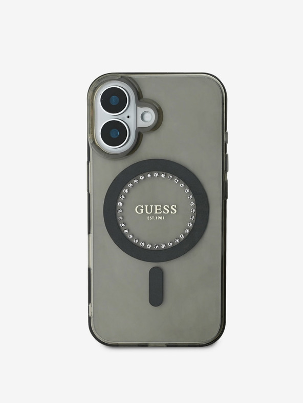 Guess Guess IML Prstan s kamenčki MagSafe hrbtni ovitek za iPhone 16 črn