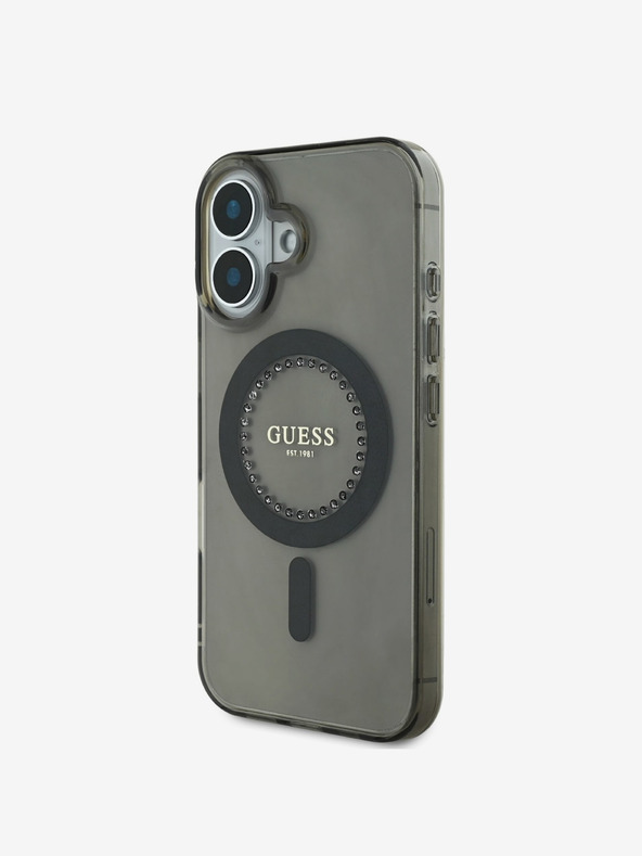 Guess Guess IML Prstan s kamenčki MagSafe hrbtni ovitek za iPhone 16 črn