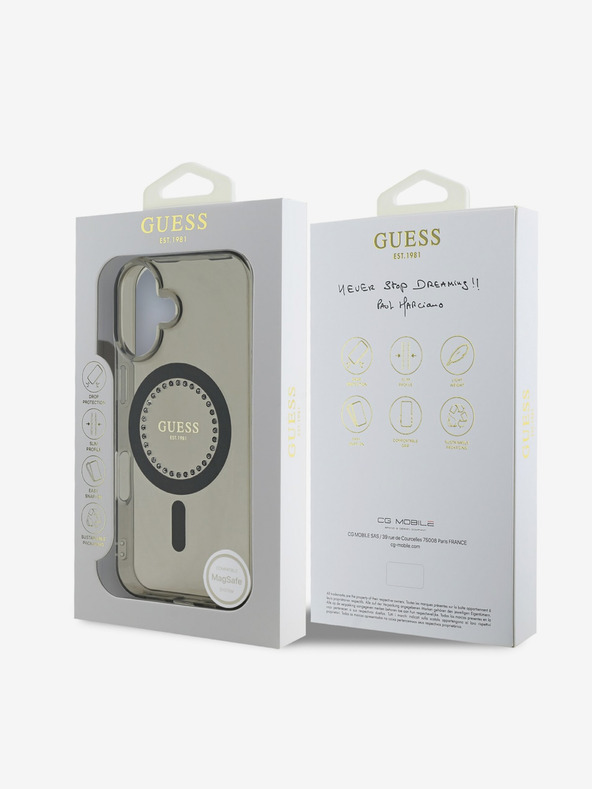 Guess Guess IML Prstan s kamenčki MagSafe hrbtni ovitek za iPhone 16 črn
