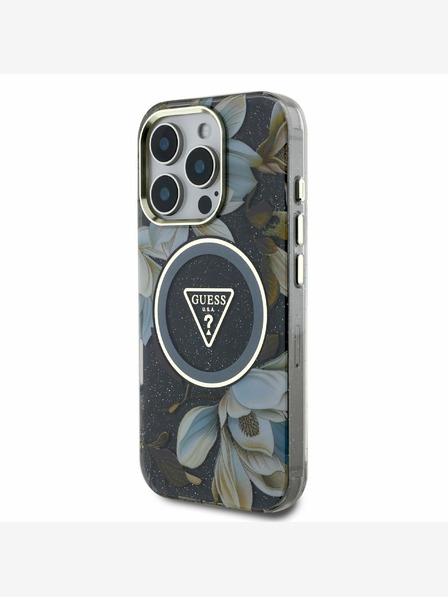 Guess Guess IML Glitter Magnolia in Triangle Logo MagSafe hrbtni ovitek za iPhone 16 Pro Black