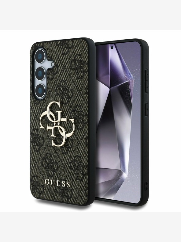 Guess Guess PU 4G kovinski logotip hrbtni ovitek za Samsung Galaxy S25+ rjave barve