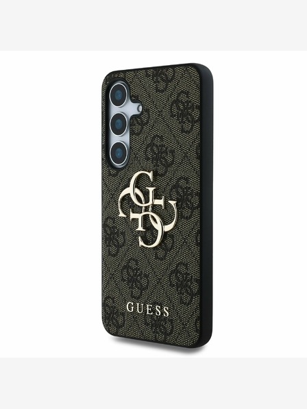 Guess Guess PU 4G kovinski logotip hrbtni ovitek za Samsung Galaxy S25+ rjave barve
