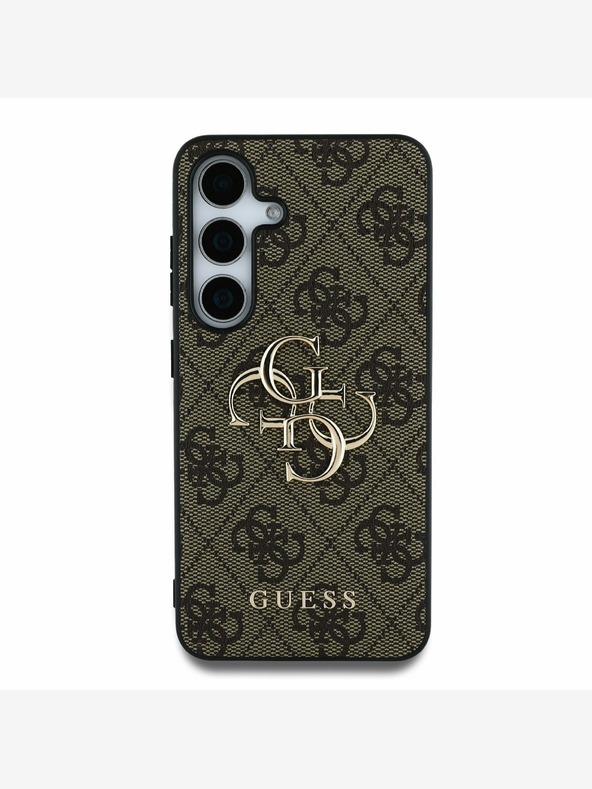 Guess Guess PU 4G kovinski logotip hrbtni ovitek za Samsung Galaxy S25+ rjave barve